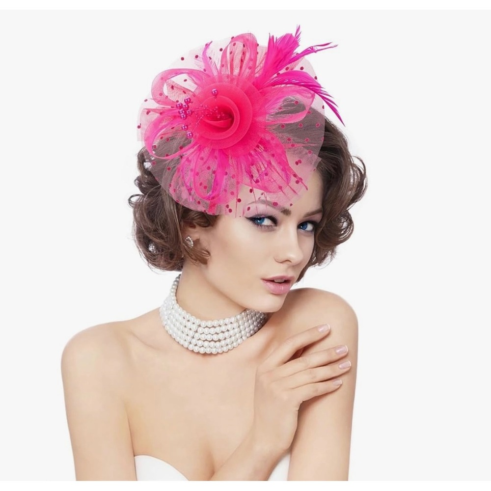 NEW Fascinator Hat Kentucky Derby Tea Party Headband Feather Clip Pink Races
